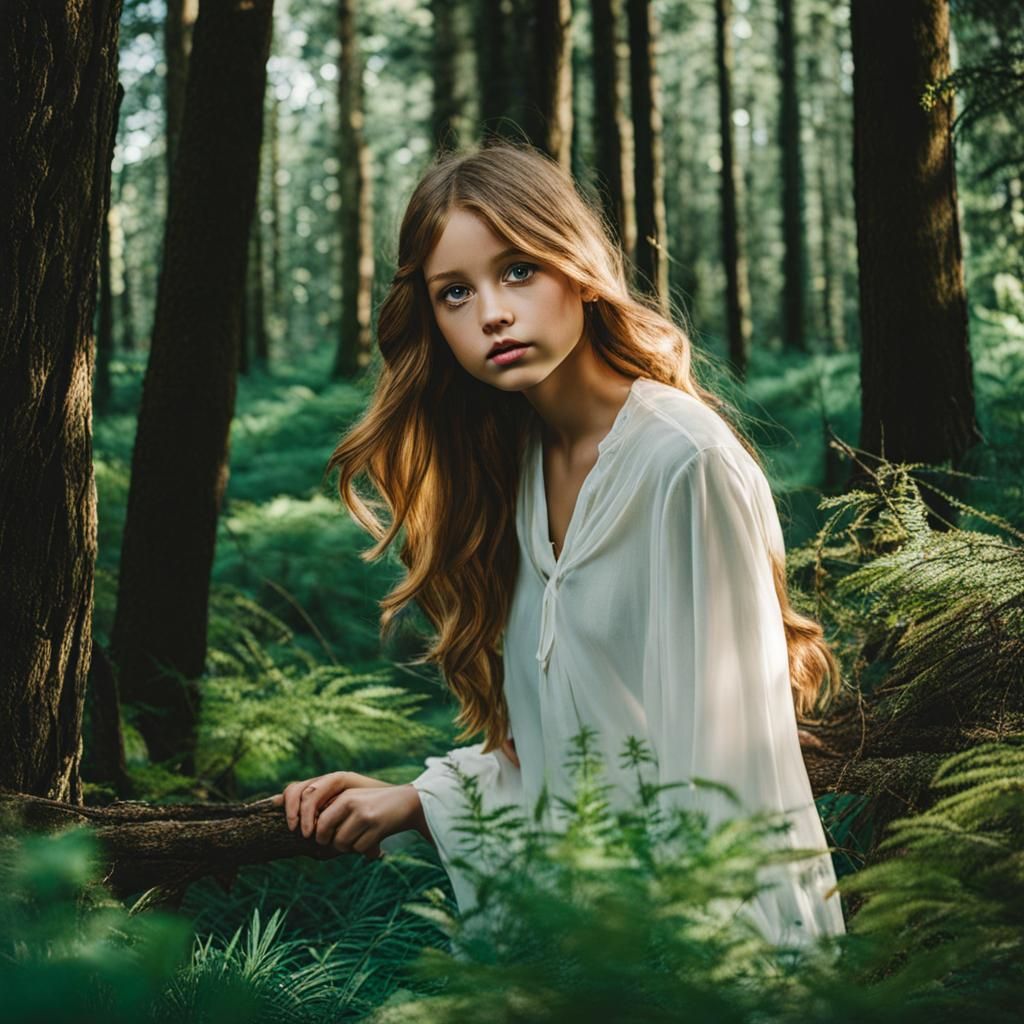 Girl in Woods: AI Generated Forest Scene