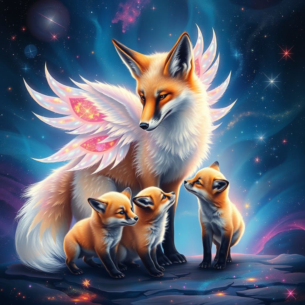 Ethereal Fox Mother with Wings and Pups in Cosmic Dreamscape