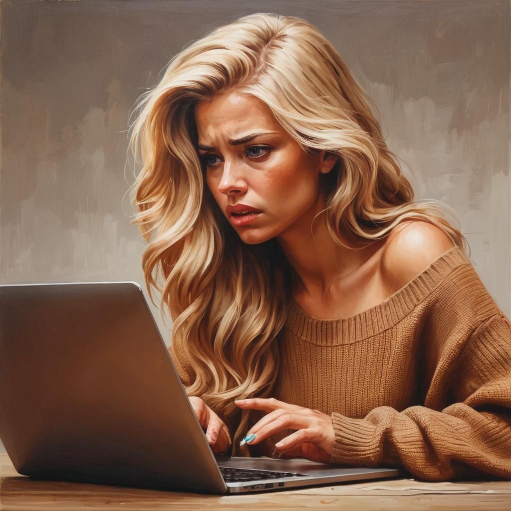 Woman in Tan Sweater Looks at Laptop