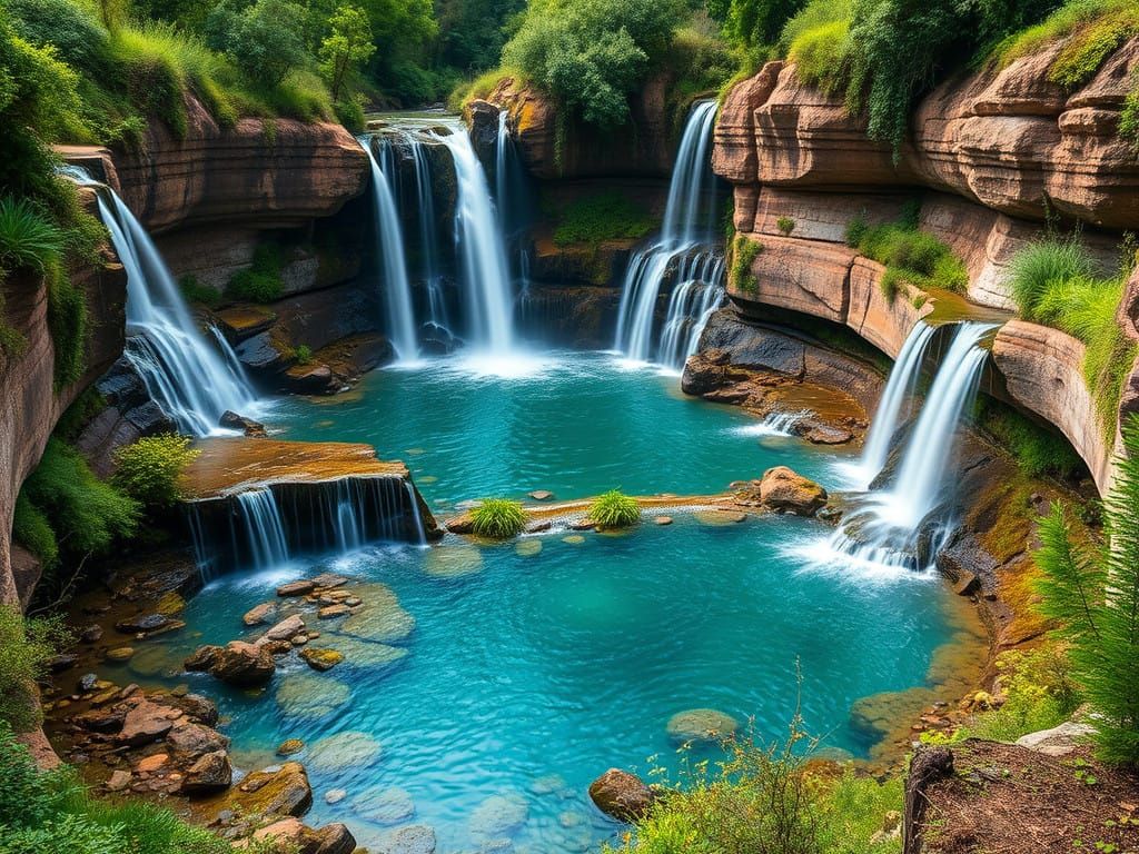 Vibrant Tropical Oasis with Wildlife and Waterfalls