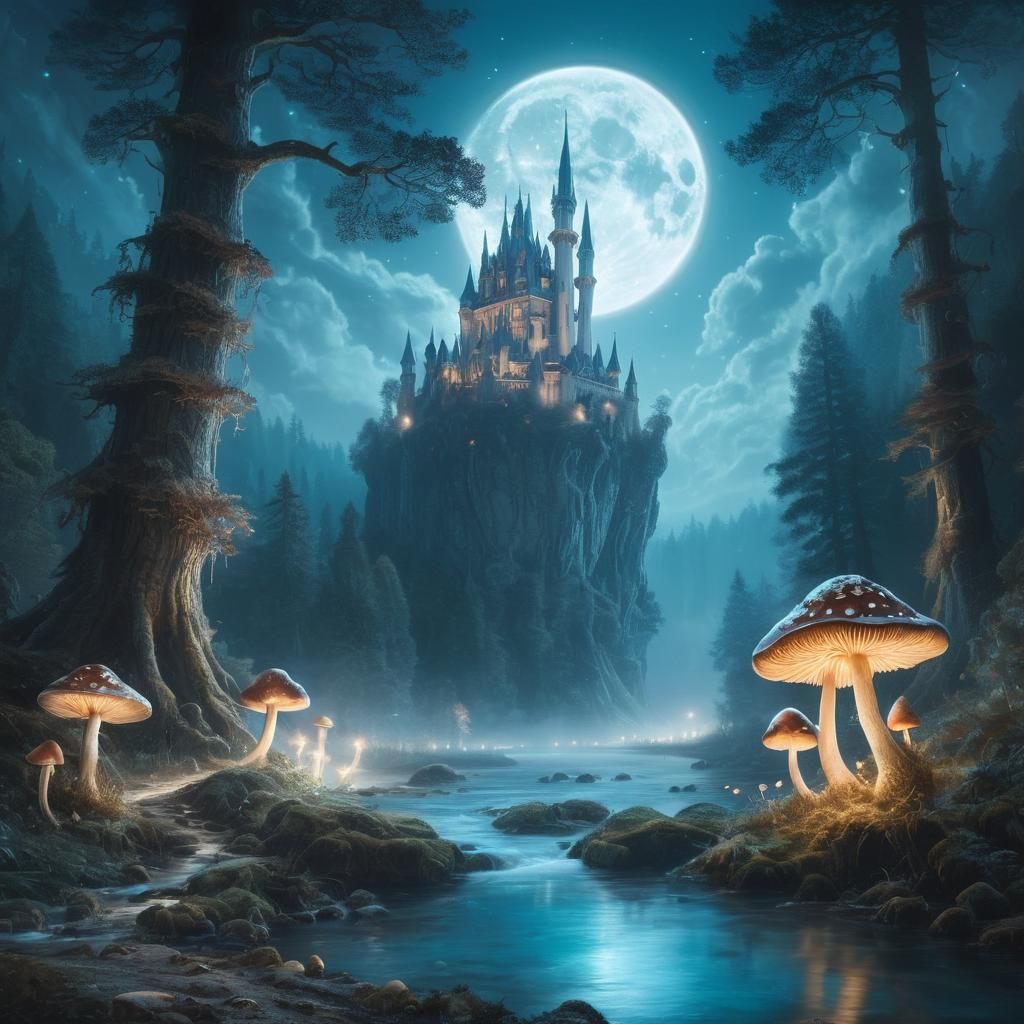 Enchanted Forest Landscape with Moonlit River