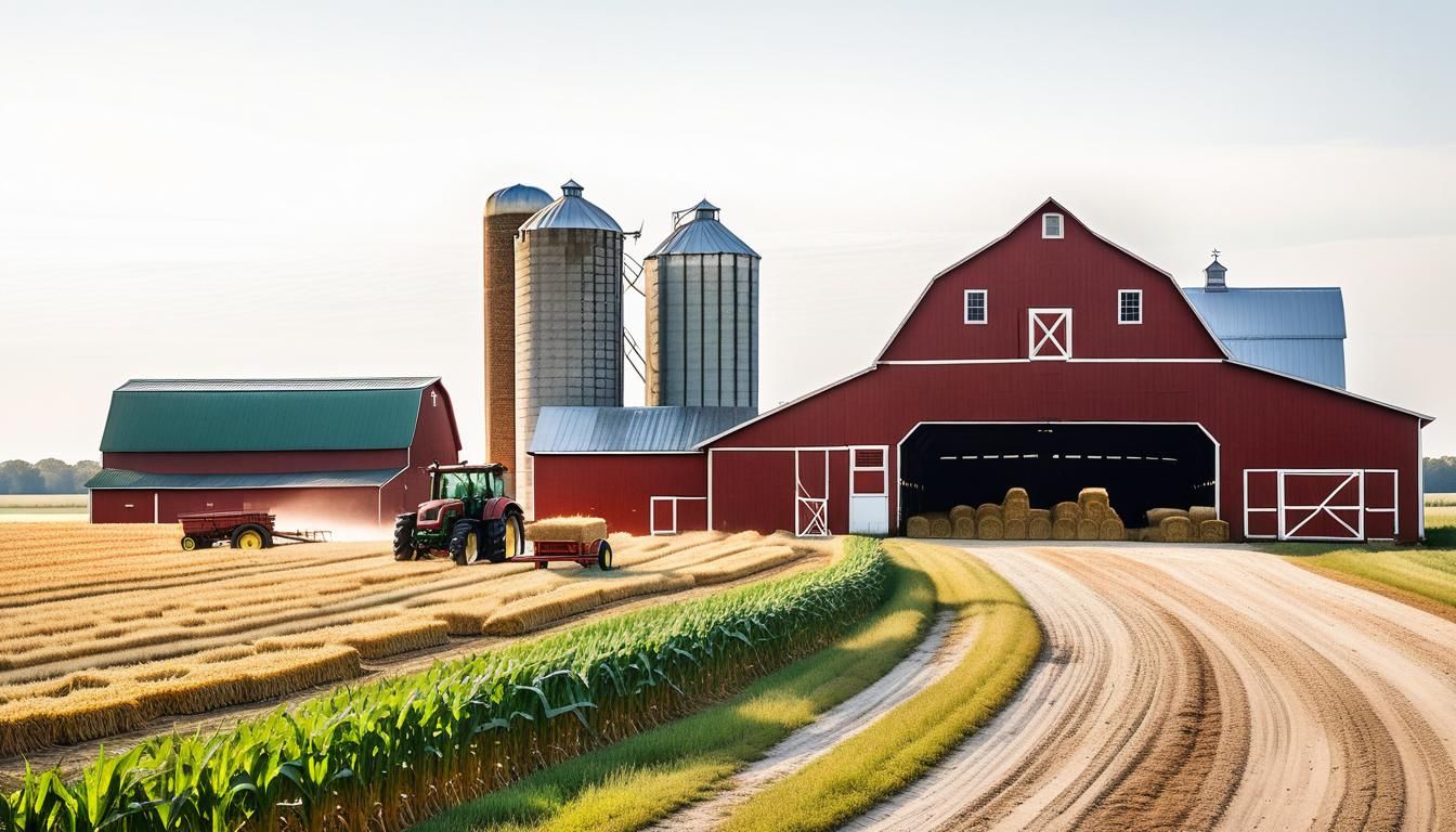 Idyllic Farm Scene with Brick House and Red Barn