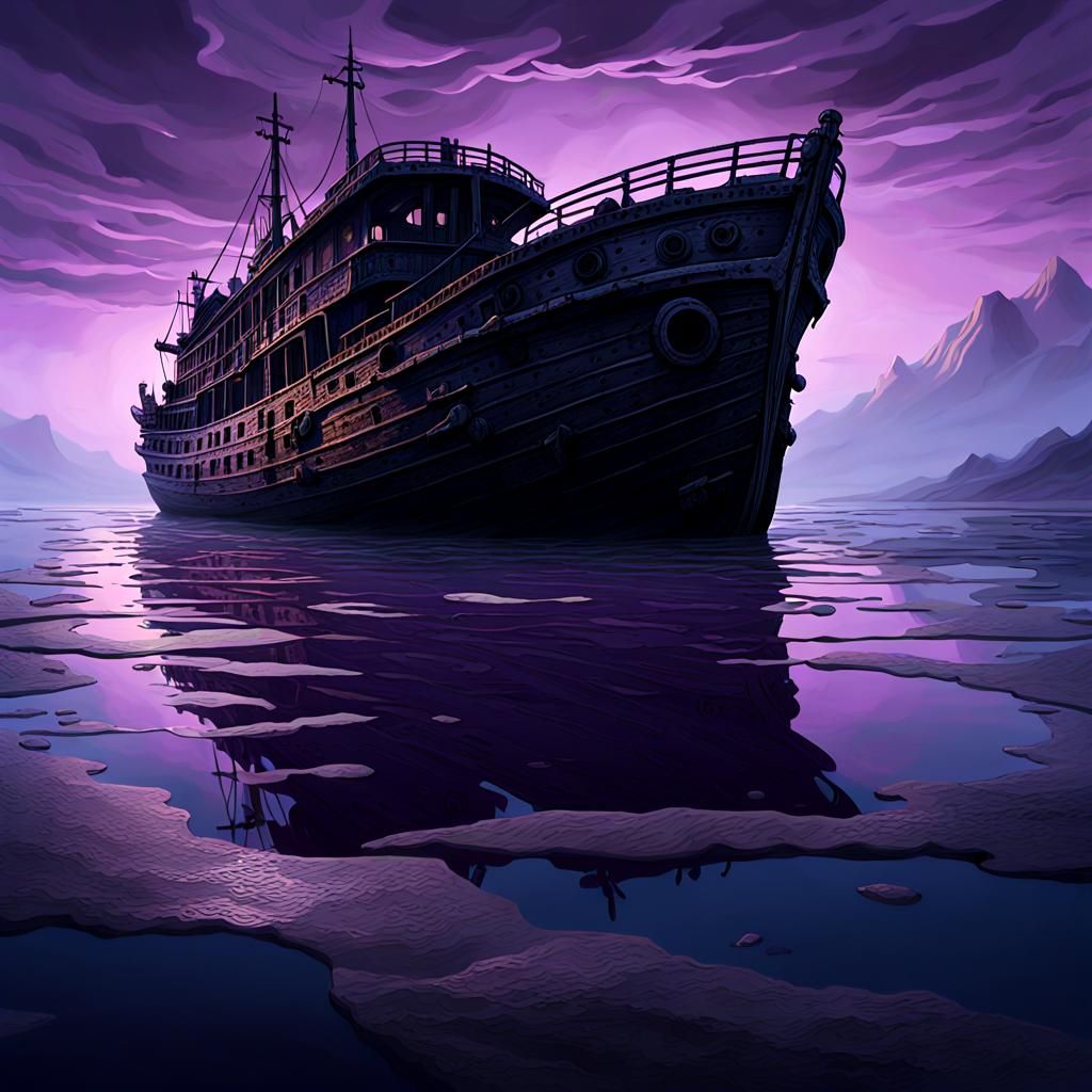 Eerie Abandoned Ship at Dusk in Dark Fantasy Style