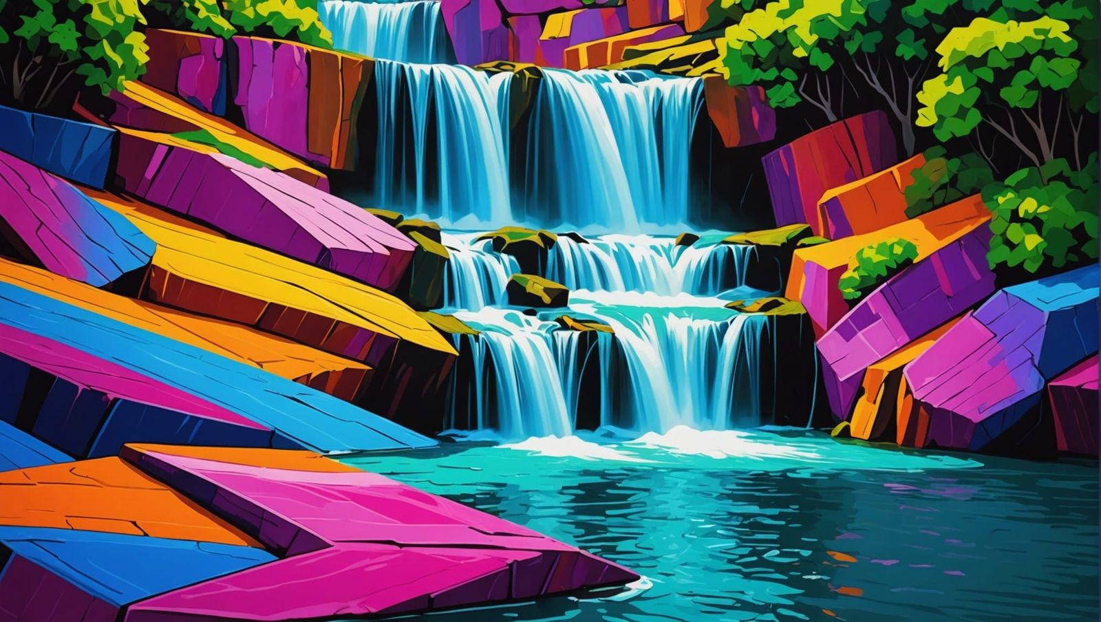 Abstract Waterfalls in Cubist Brutalist Style