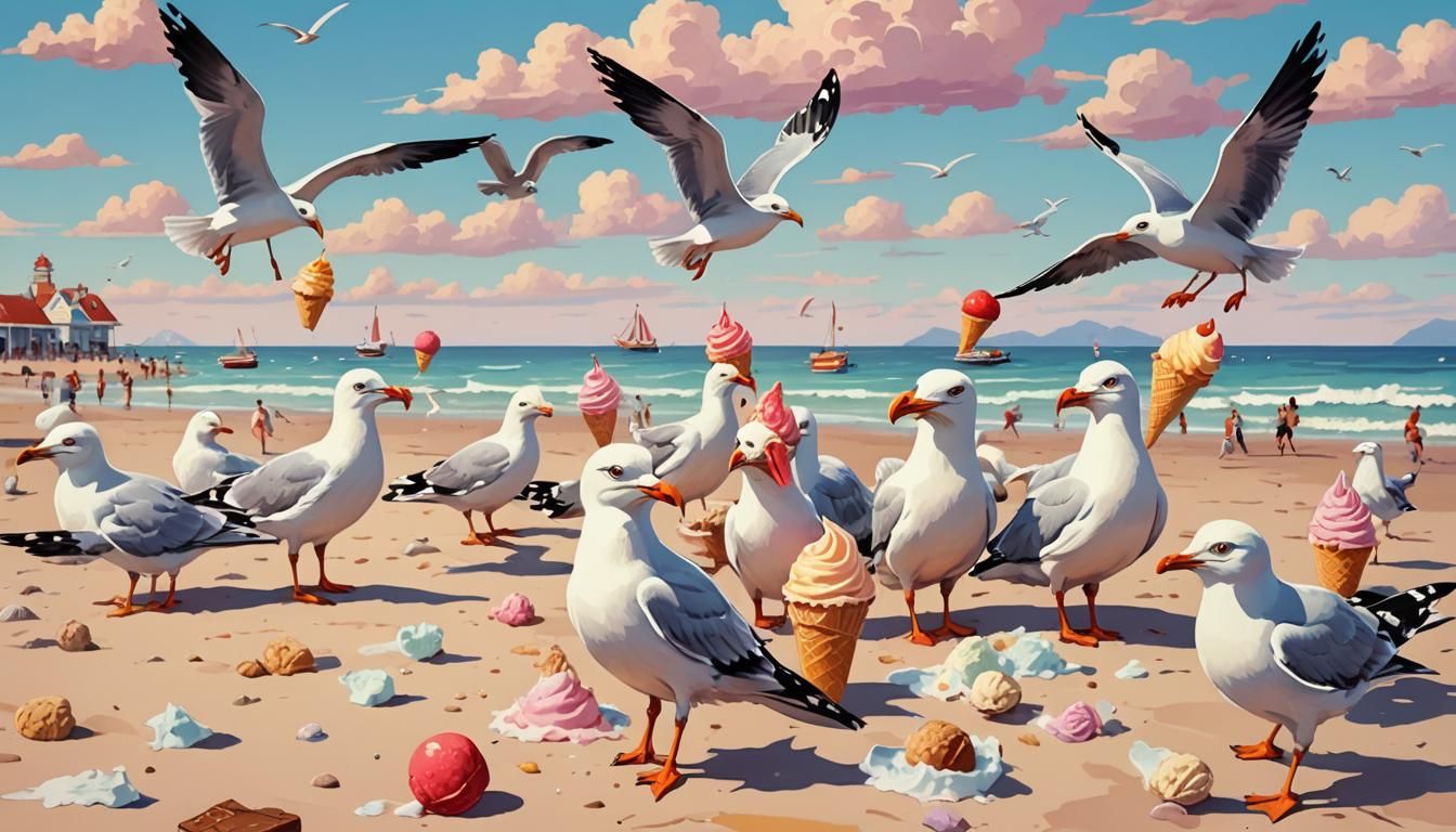 Seagulls Stealing Ice Cream: Humorous Seaside Illustration