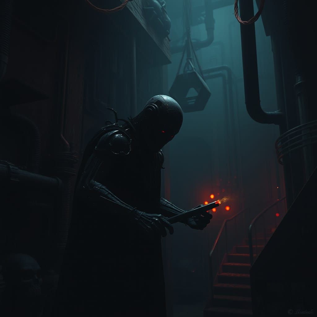 Dark Figure in Hellish Industrial Environment