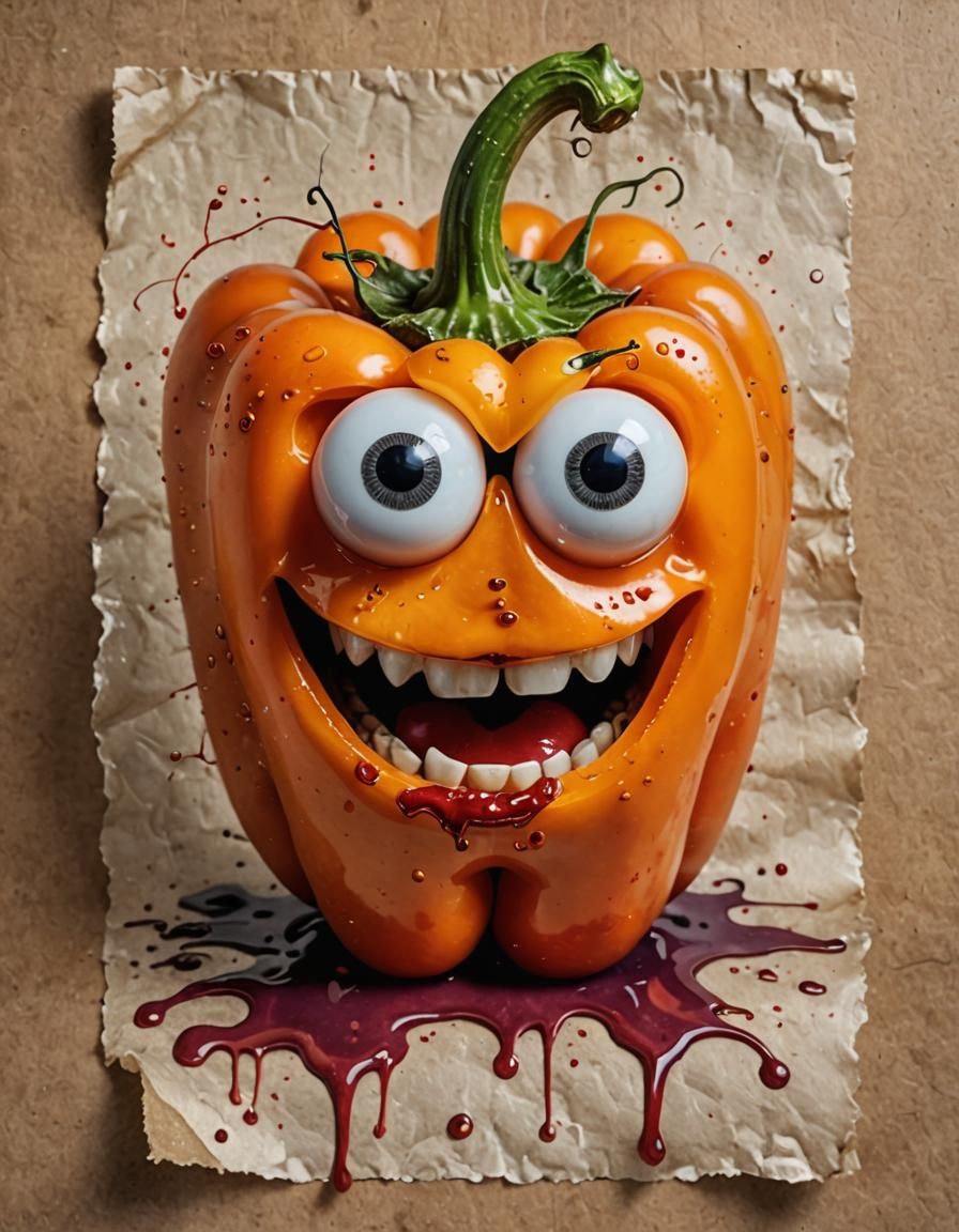Smiling Orange Pepper with Googly Eyes, Surreal Art