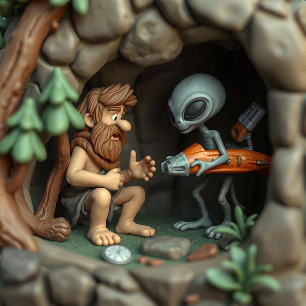 Cute Claymation Caveman and Alien Friendship