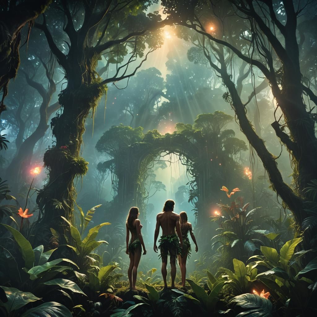 Adam and Eve at Glowing Portal: Surreal Oil Painting