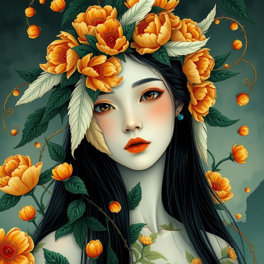 Ethereal Asian Woman with Floral Skin Print, Ukiyo-e Style