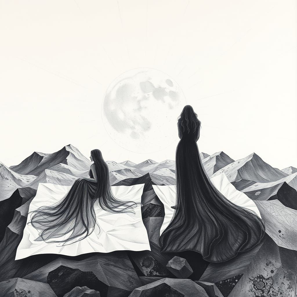 Abstract Figures in Charcoal on Lunar Moonscape