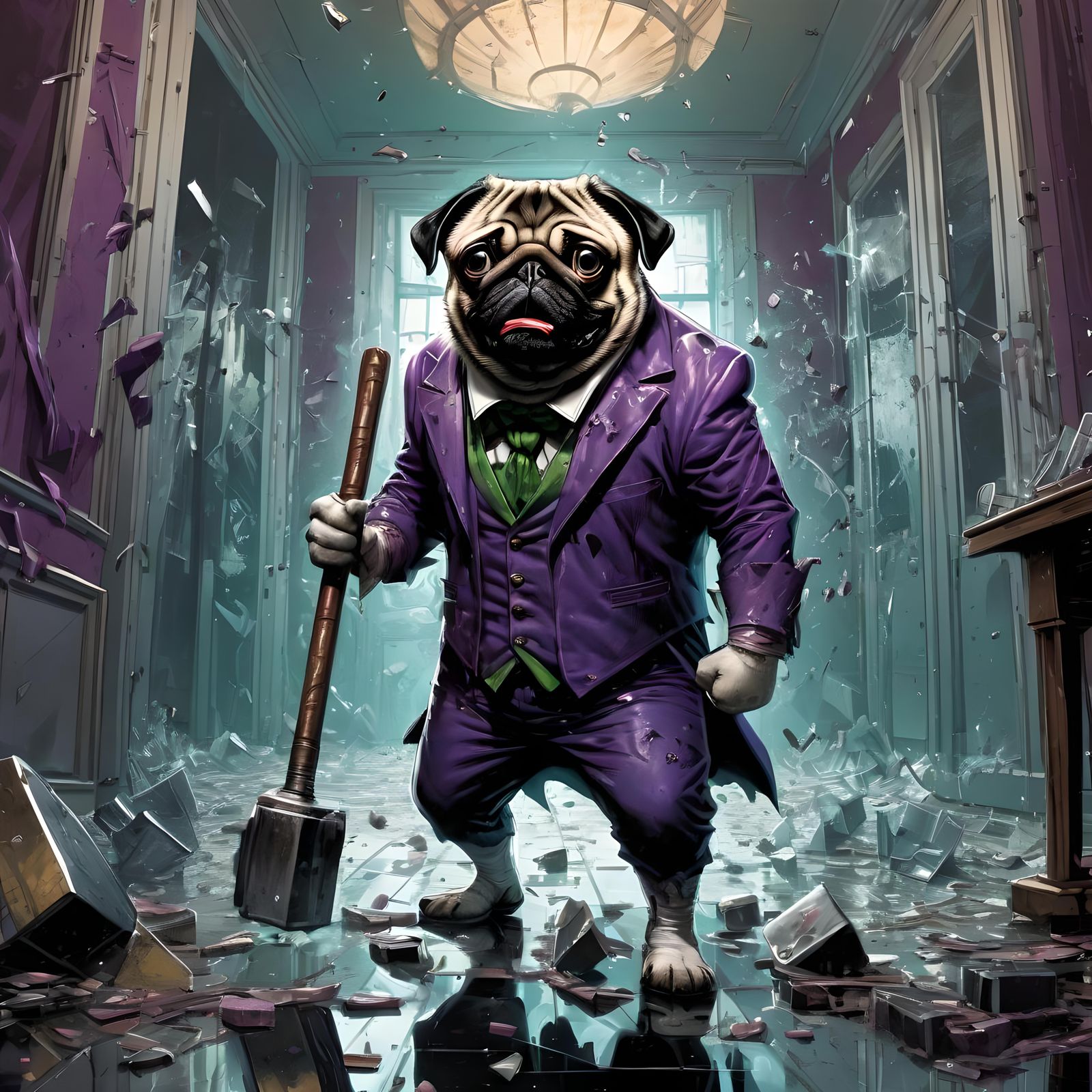 Pug as Joker Destroys Ballroom Mirrors