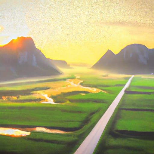 Sunrise Over Mountains With Rice Field, Oil Painting