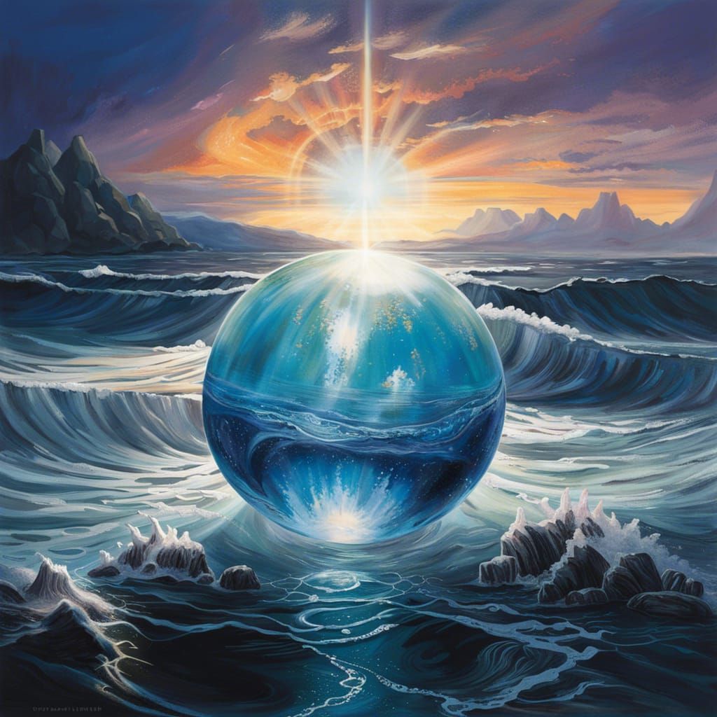 Majestic Sphere Erupts from Azure Ocean: Hyperrealistic
