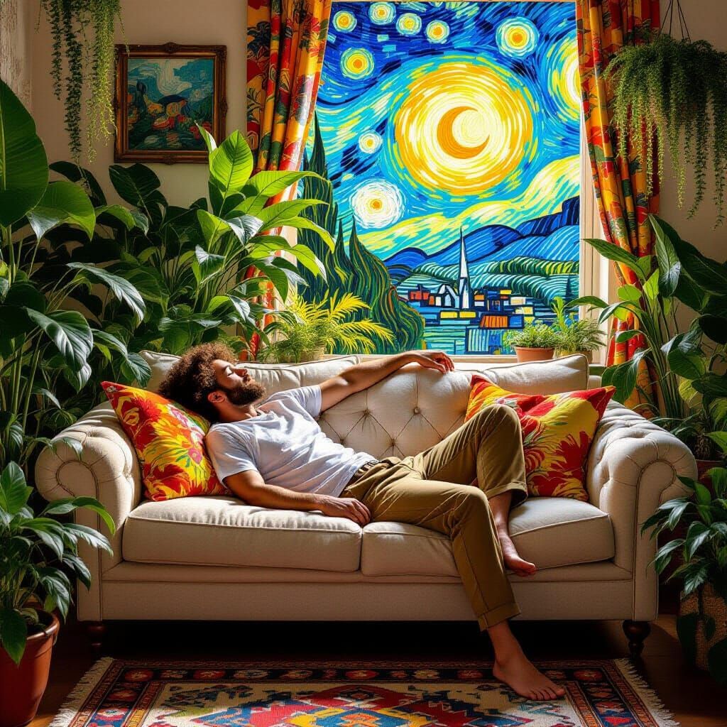 Man Waking on Sofa in Post-Impressionistic Style