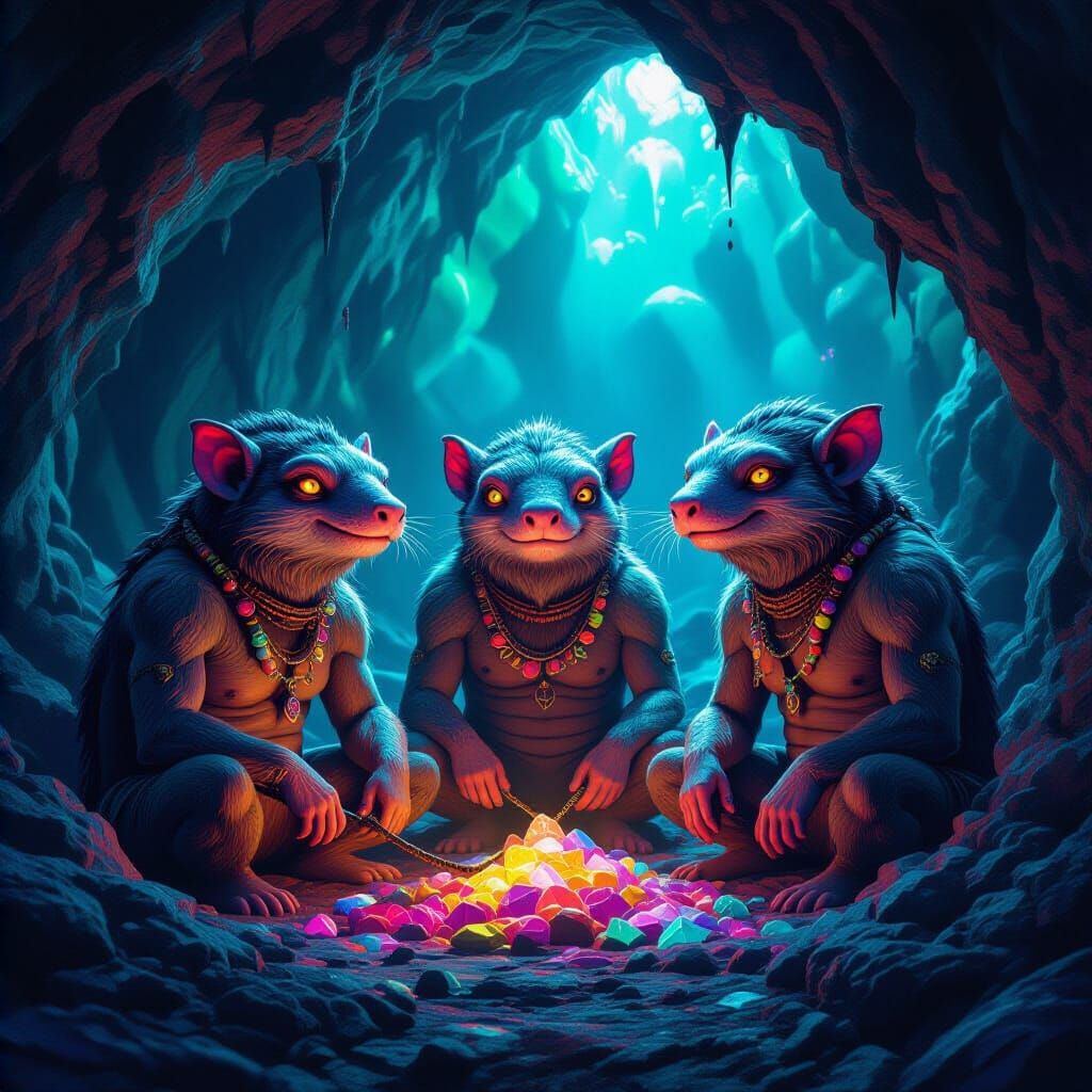 Surreal Cave: Three-Headed Man-Moles with Whips