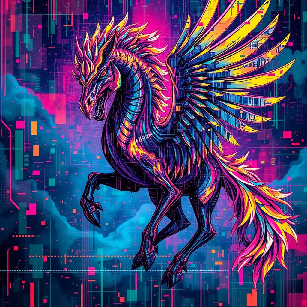 Hippogriff in Glitch Art Style with Digital Decay