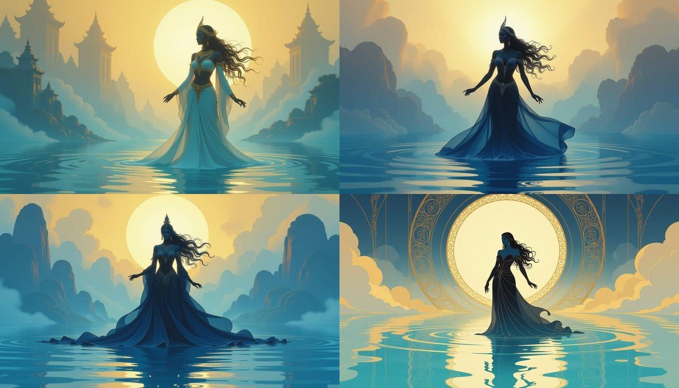 Ethereal Black Goddess Floating in Blue Water