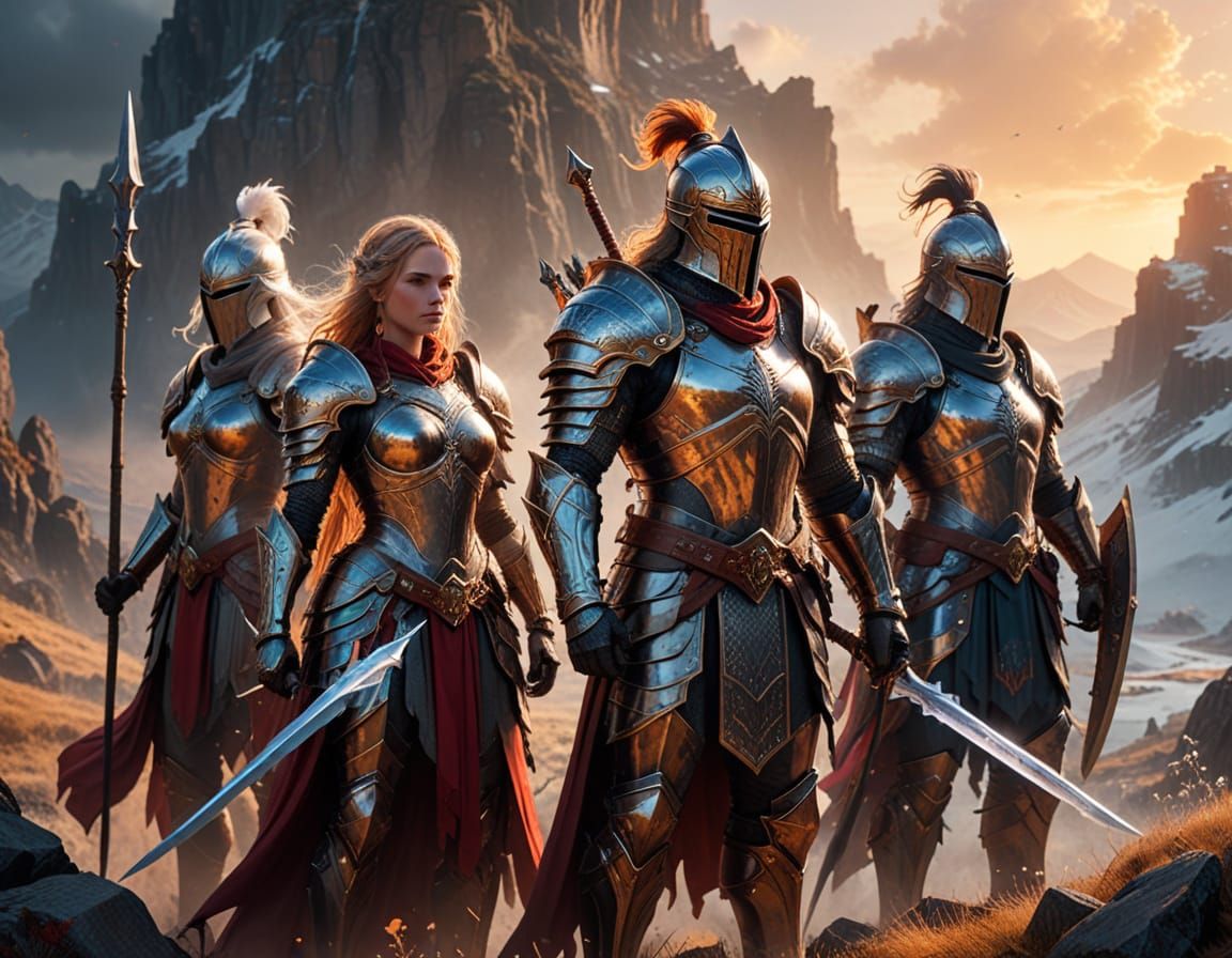 Majestic Warriors Stand Ready in High Fantasy Landscape