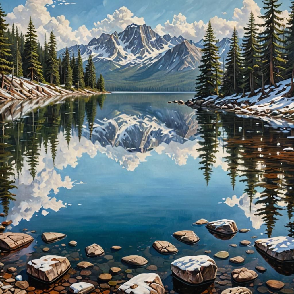 Mountain Lake Reflection in Bierstadt Style Oil Painting
