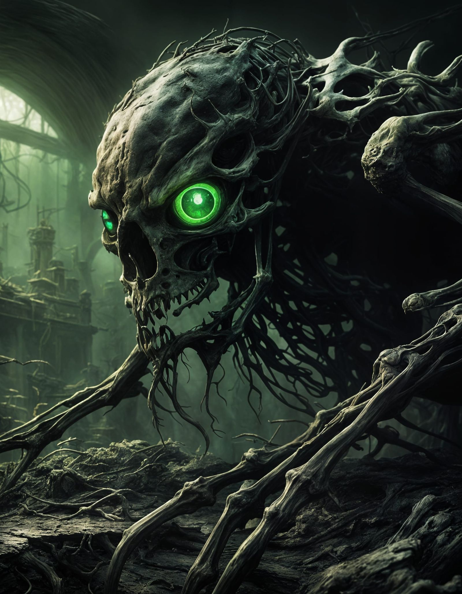 Decaying Shadow Creature with Glowing Eyes