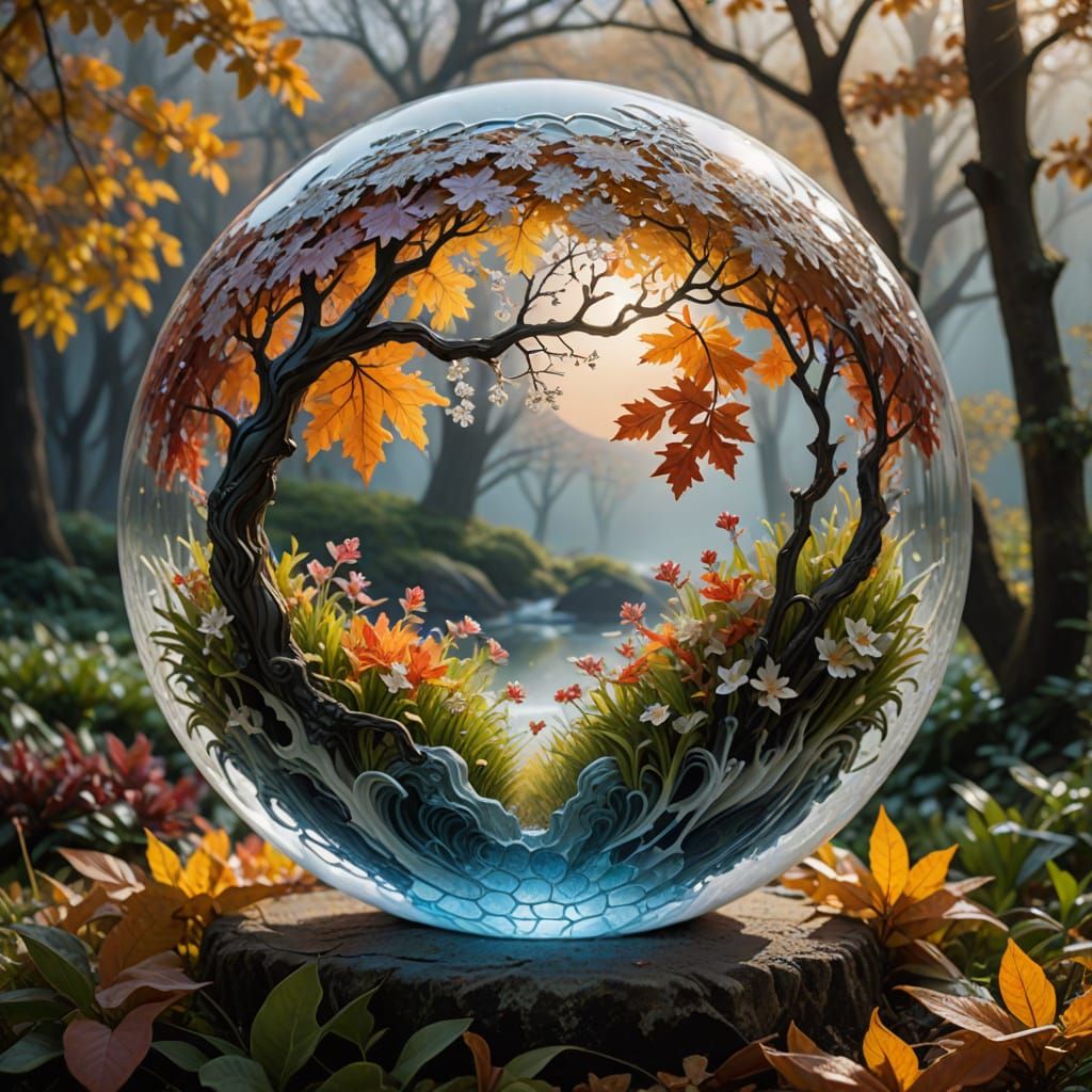Frosted Glass Earth Orb with Seasonal Flora