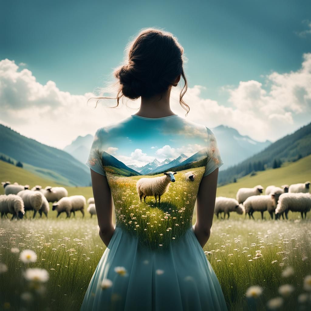 Double Exposure: Woman, Sheep, and Meadow