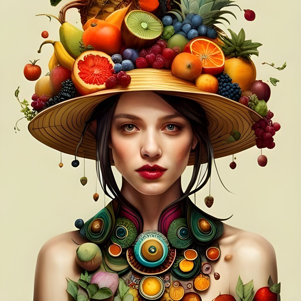Woman with Fruit Hat, Detailed Fantasycore Artwork