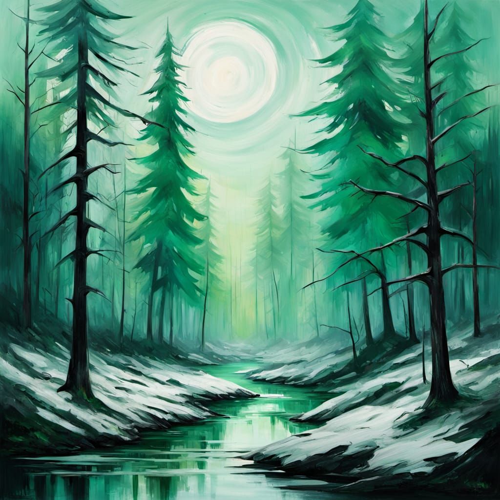 Expressionist Winter Forest in Emerald Mist