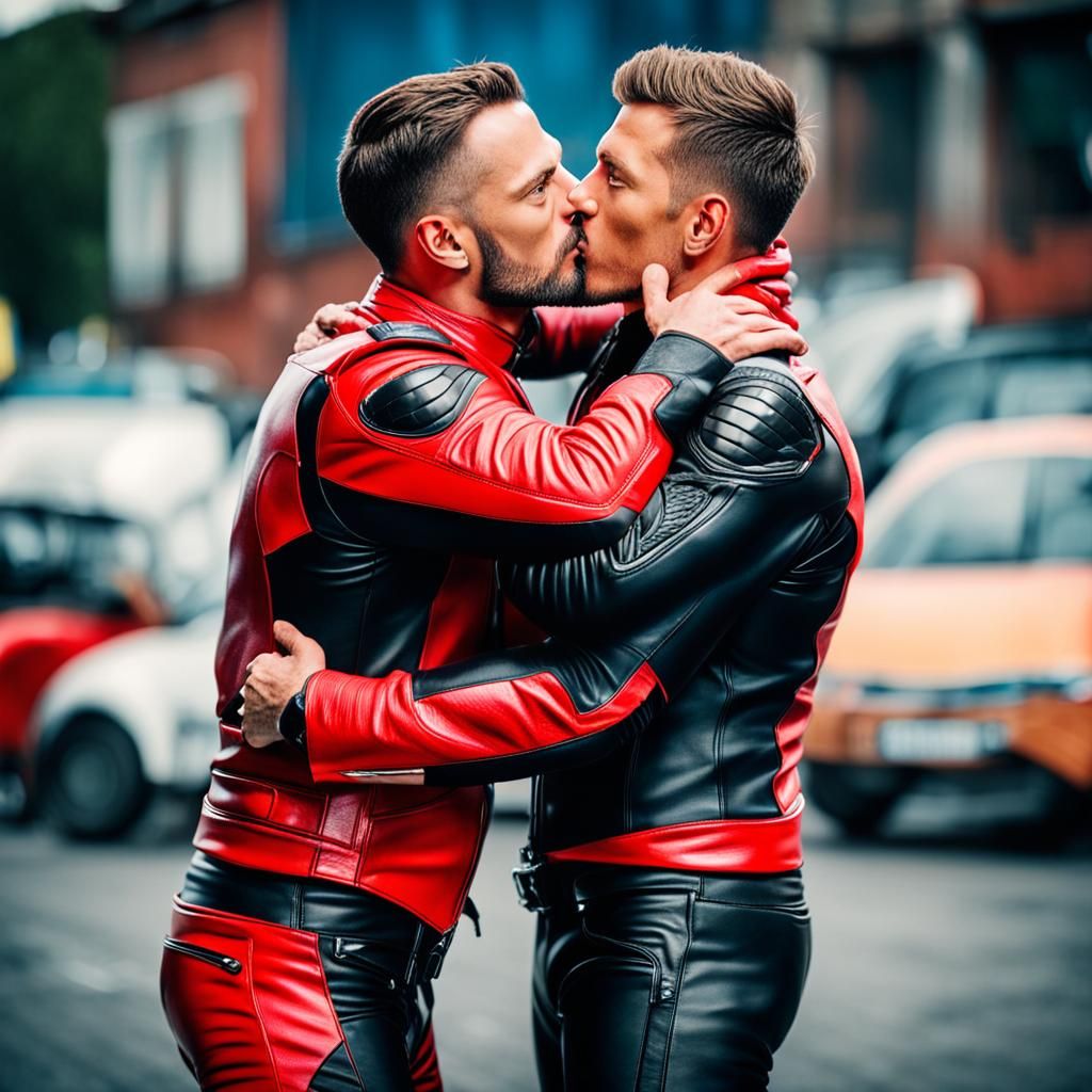 Handsome Bikers in Red Leather Embrace