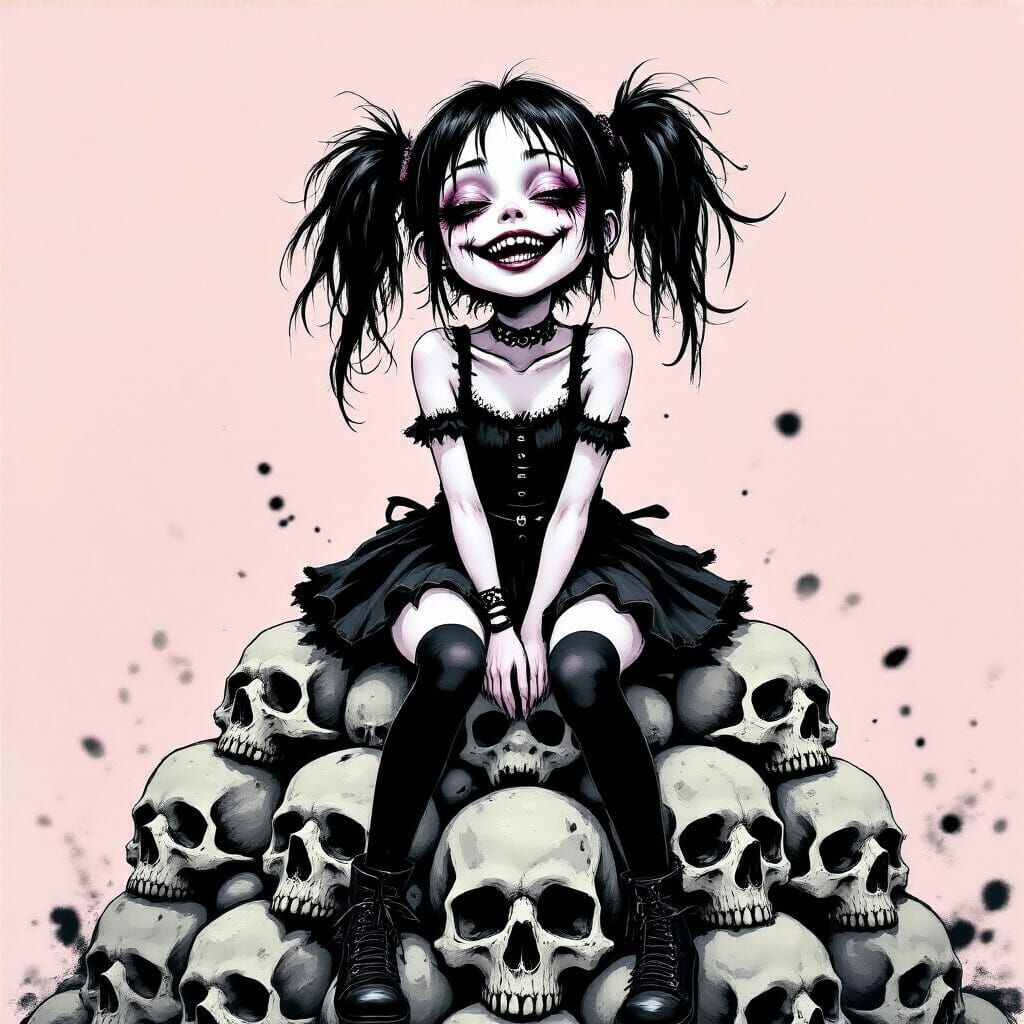 Goth Girl on Skull Pyramid in Whimsical Ink Art