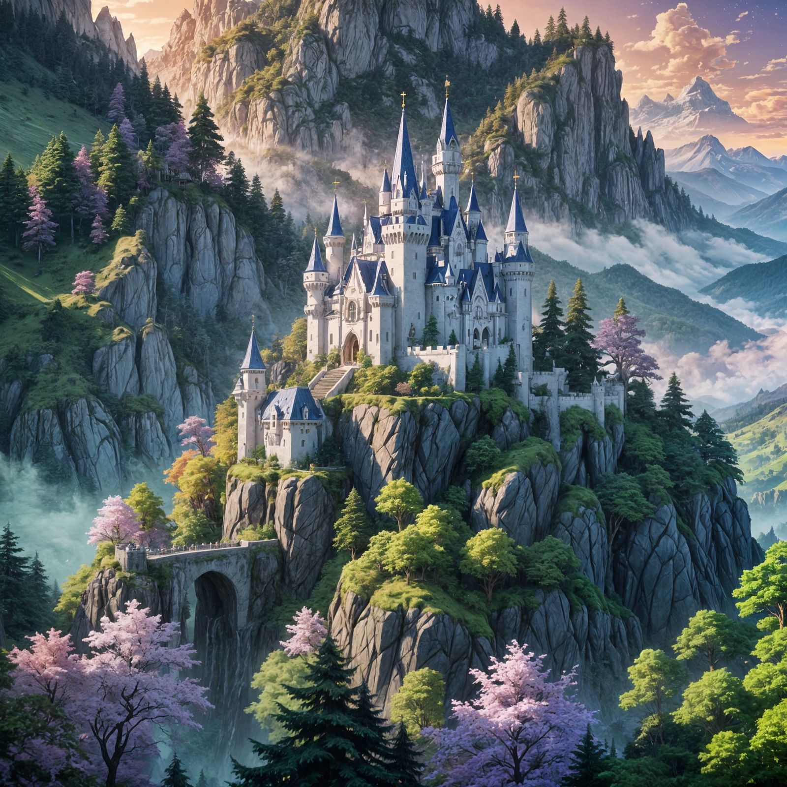 Fantasy Castle at Mountain Base in Anime Style