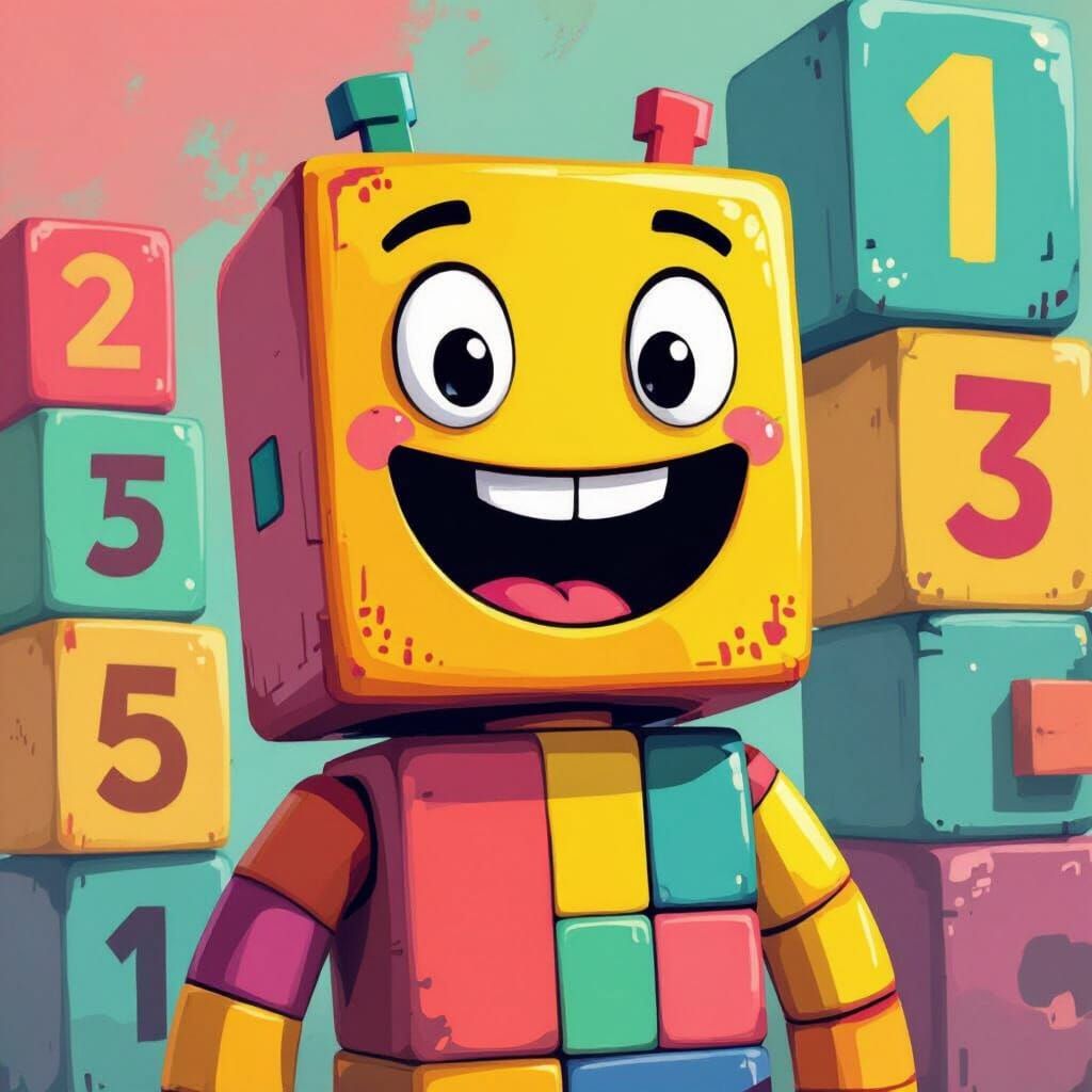 Smiling Numberblock Character in Colorful Block Landscape
