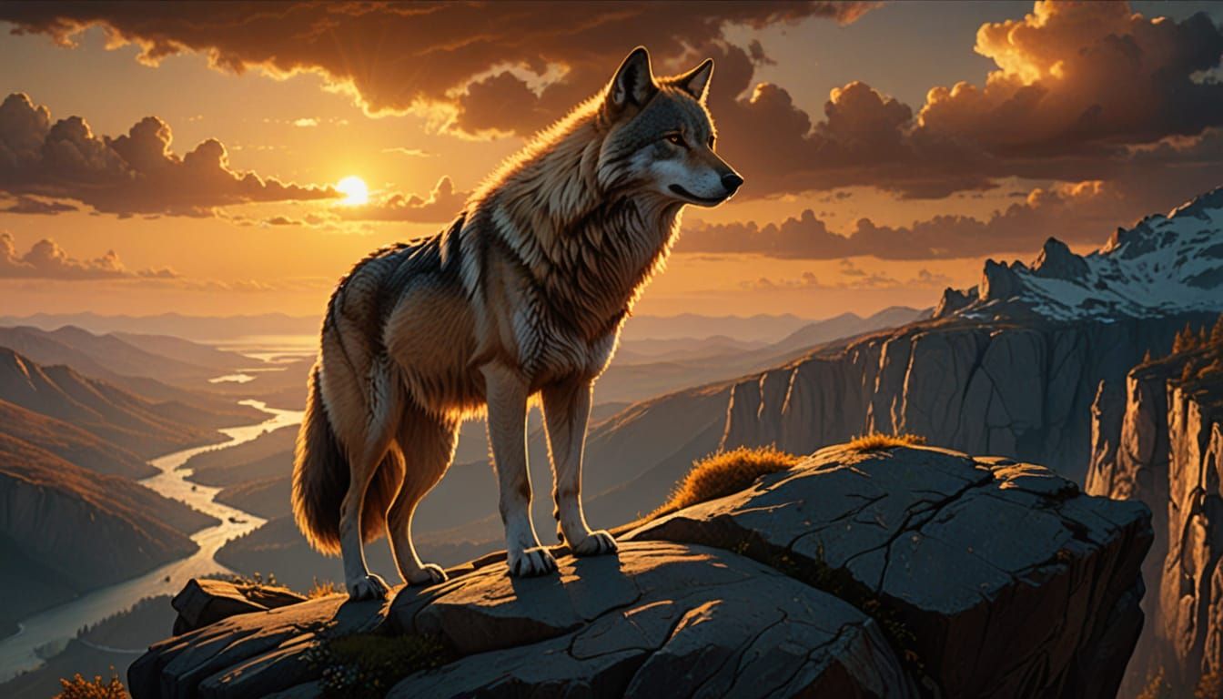 Majestic Wolf Leader on Cliff, Fantasy Digital Art