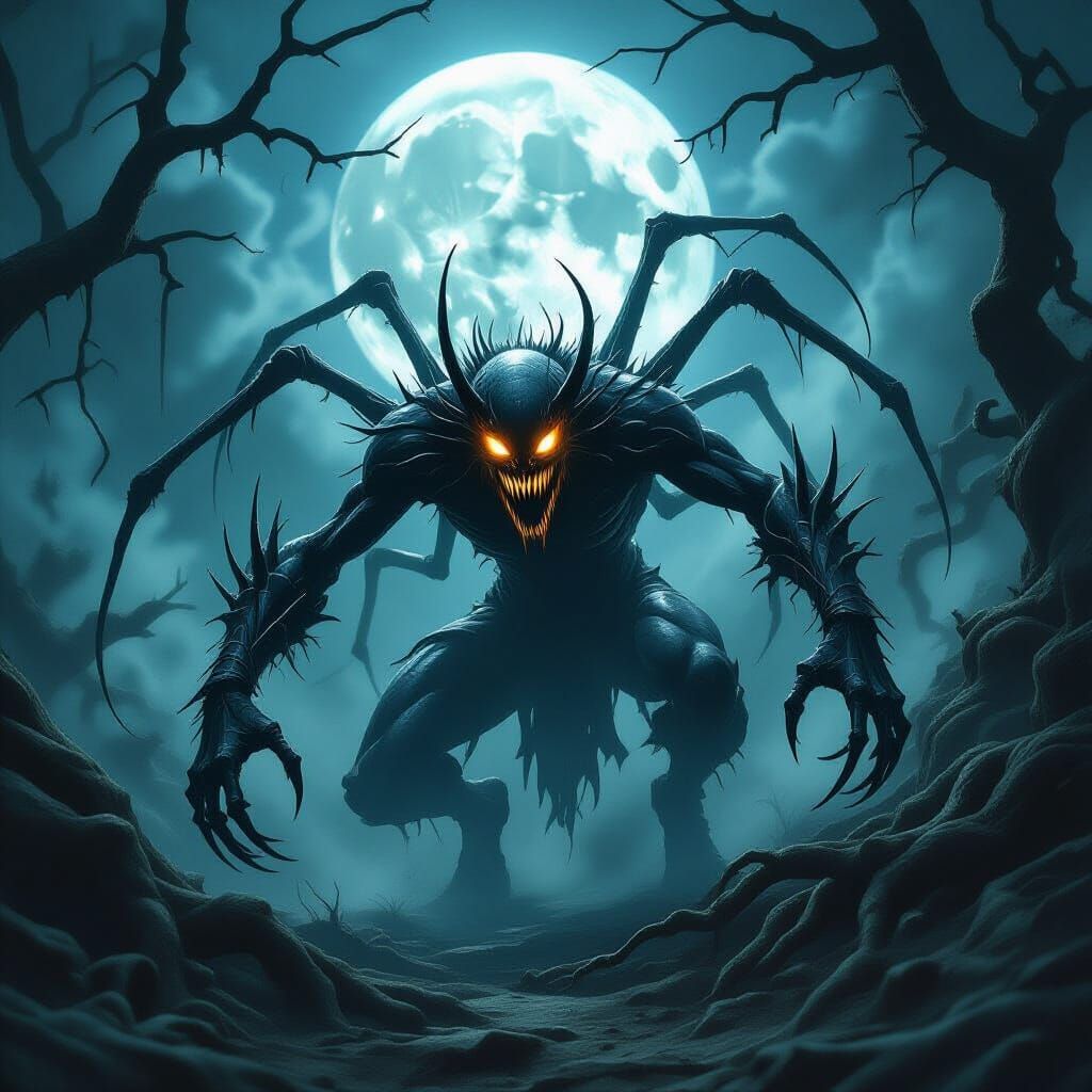 Eerie Arachnid Humanoid Emerges from Moonlit Mist