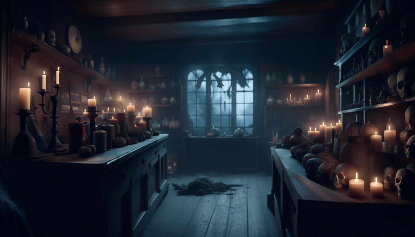 Eerie Halloween Curator's Shop in Matte Painting Style