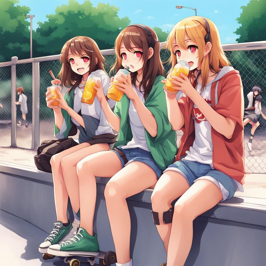 Anime Girls Drinking Soda at Skatepark