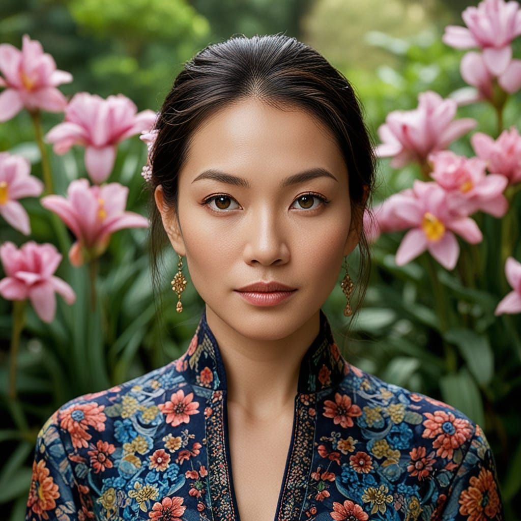 Elegant Asian Woman in Japanese Garden