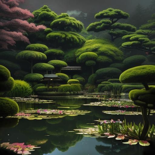 Japanese Garden in Impressionistic Style