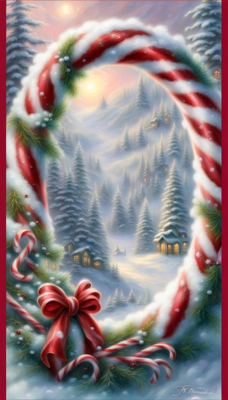 Ethereal Candy Cane Wreath in a Fantasy Landscape