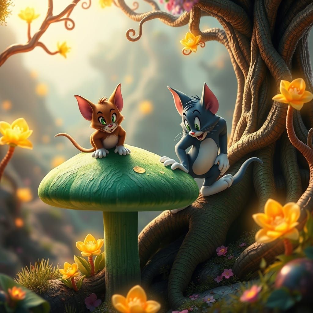 Whimsical Tom and Jerry in Dreamlike Landscape