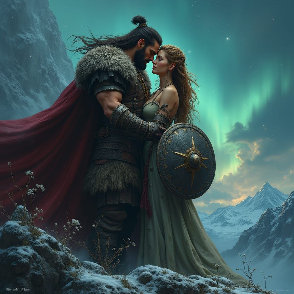 Viking Lovers Embrace Under Aurora Borealis