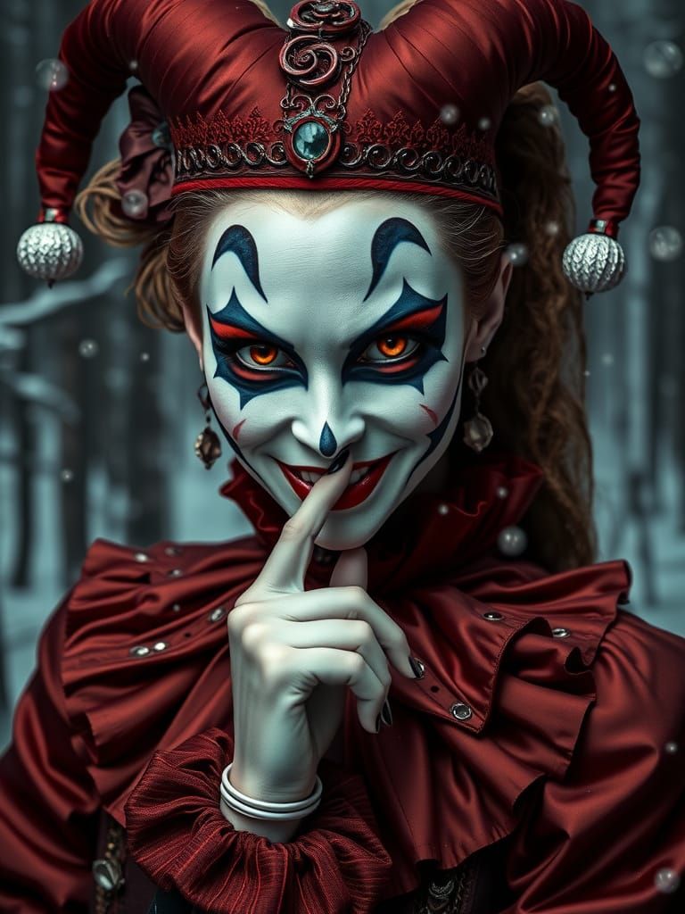 Evil Harlequin Woman in Victorian Costume with Piercing Oran...