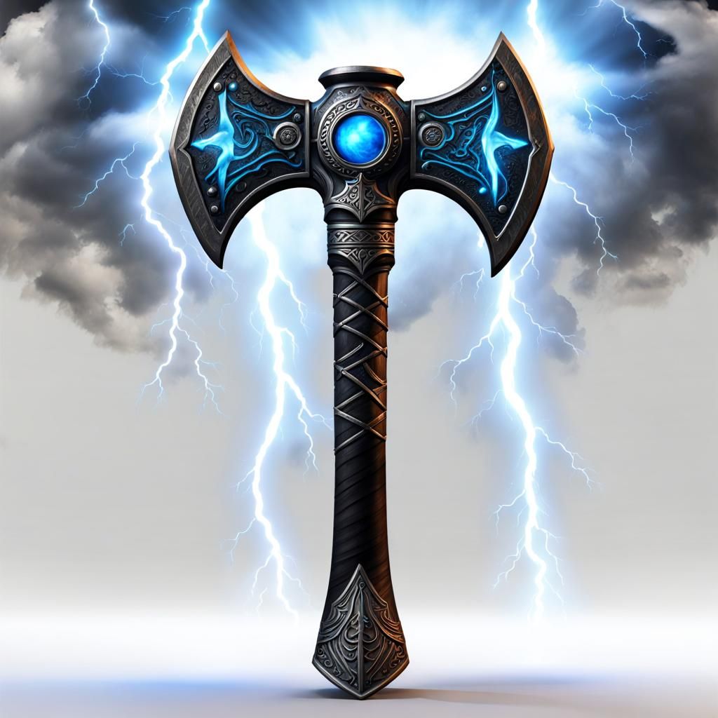 Powerful Axe with Glowing Runes in Thunderous Sky