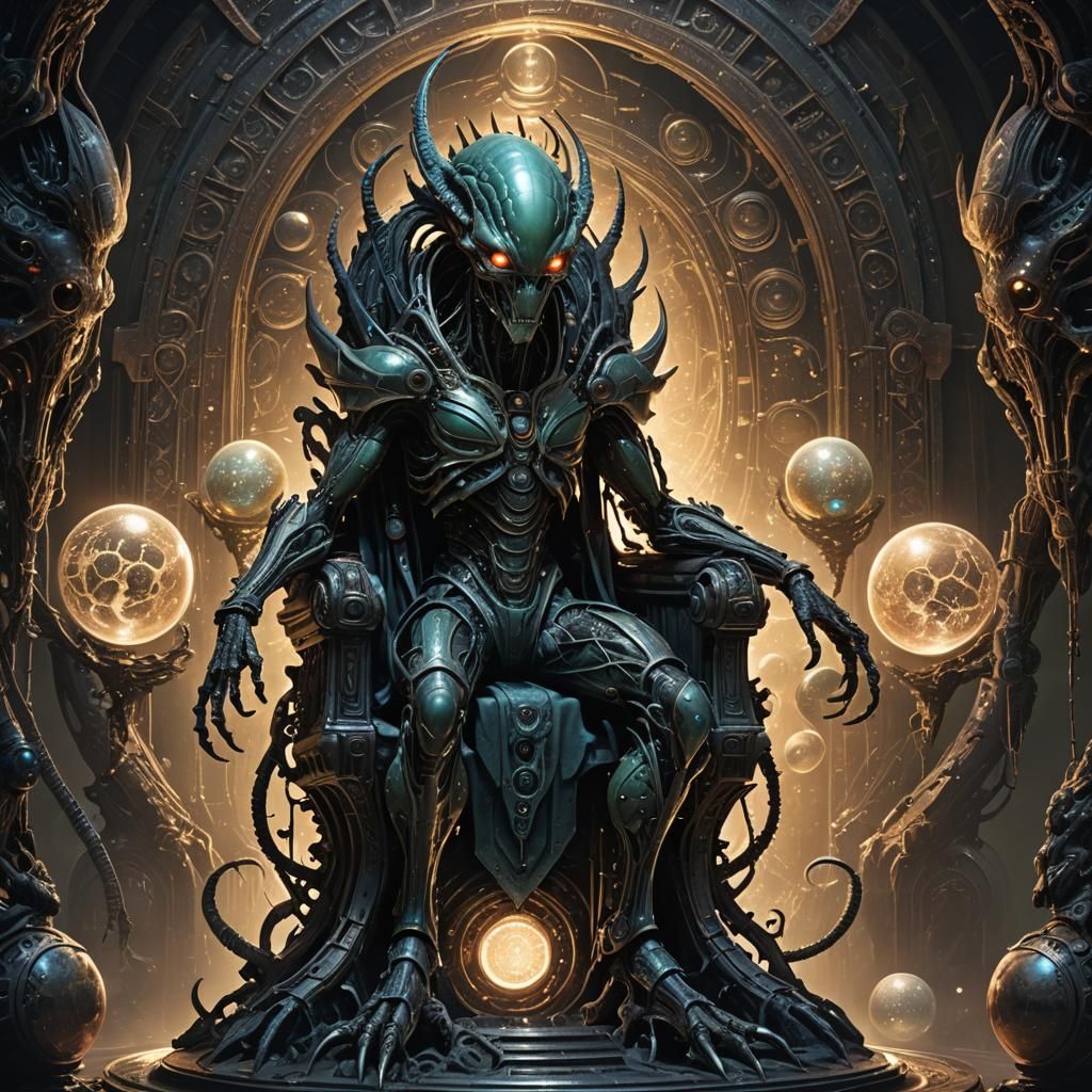 Alien on Biomechanical Throne in Fantasy Art Style