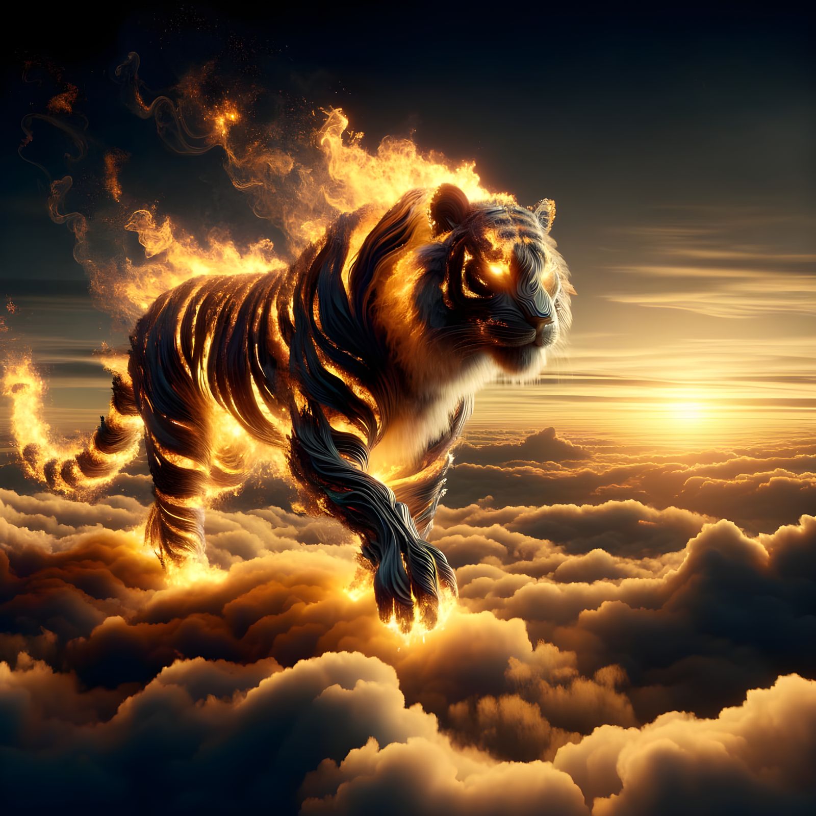 Majestic Flame Tiger Above Sunset Clouds
