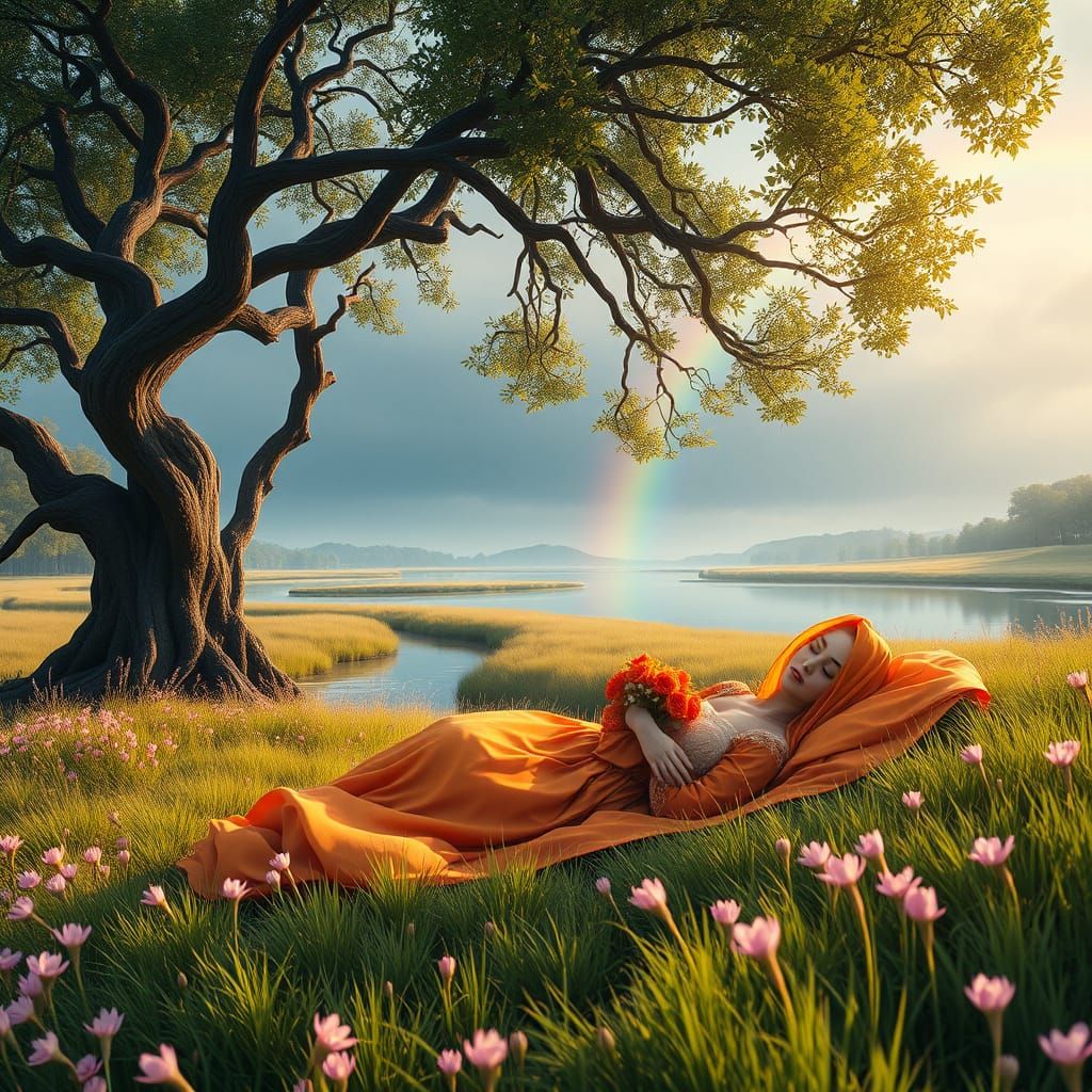 Surreal Princess Slumbers in Serene Landscape