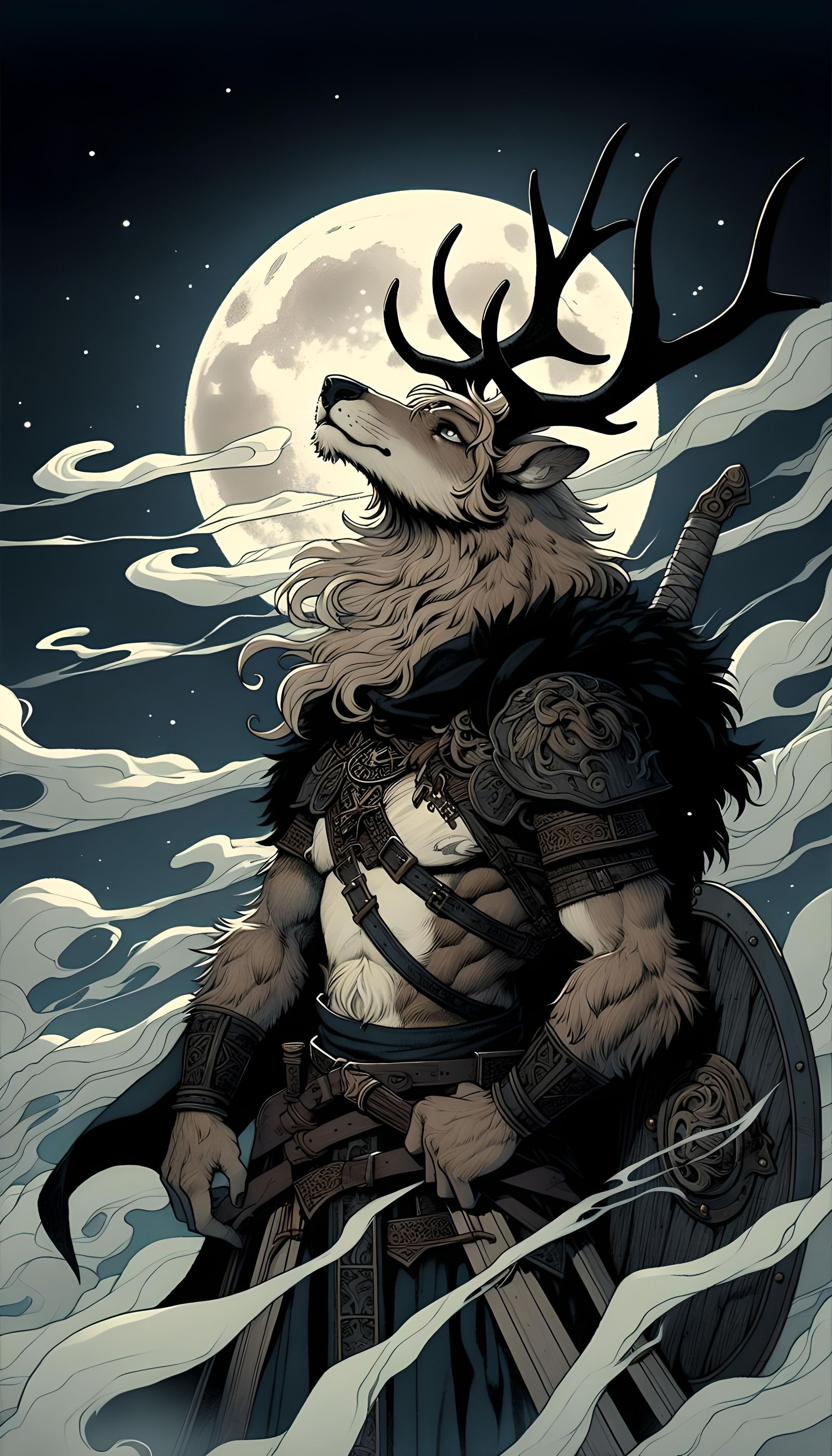 Gothic Deer Gazing at Moon in Anime Style