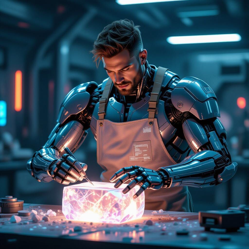 Cyborg Sculptor Creates Crystal Masterpiece in Cyberpunk Sty...