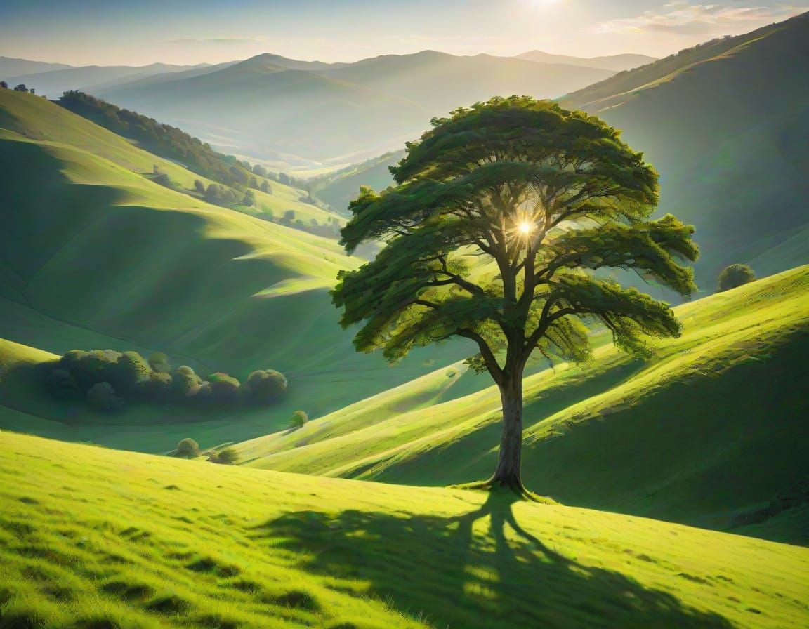 Majestic Tree in Soft Sunlight on a Green Hill